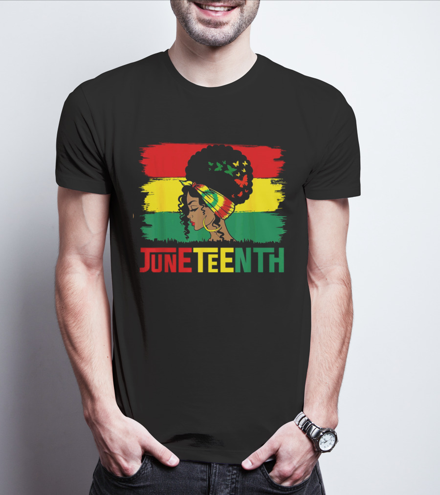 Juneteenth Remembering My Ancestors Celebrate Black Freedom Afro Woman Rasta Colors Flags T-Shirt
