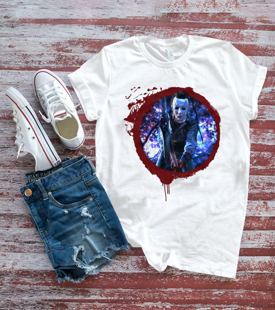 Myers Attack Blood Splatter Horror Mask Iconic Blue Woods Scene T-Shirt