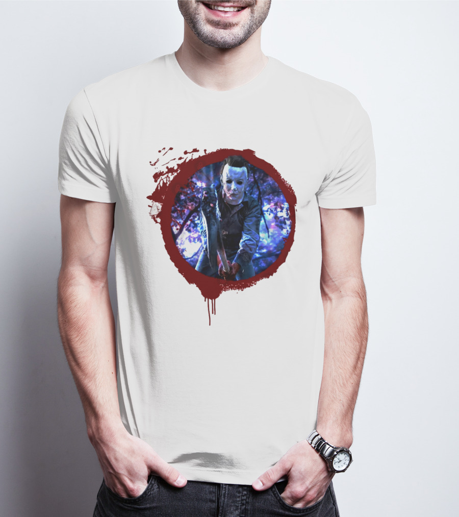Myers Attack Blood Splatter Horror Mask Iconic Blue Woods Scene T-Shirt