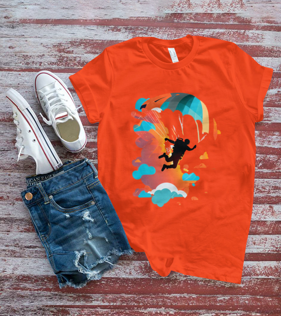 Skydiver Silhouette With Colorful Parachute And Clouds T-Shirt