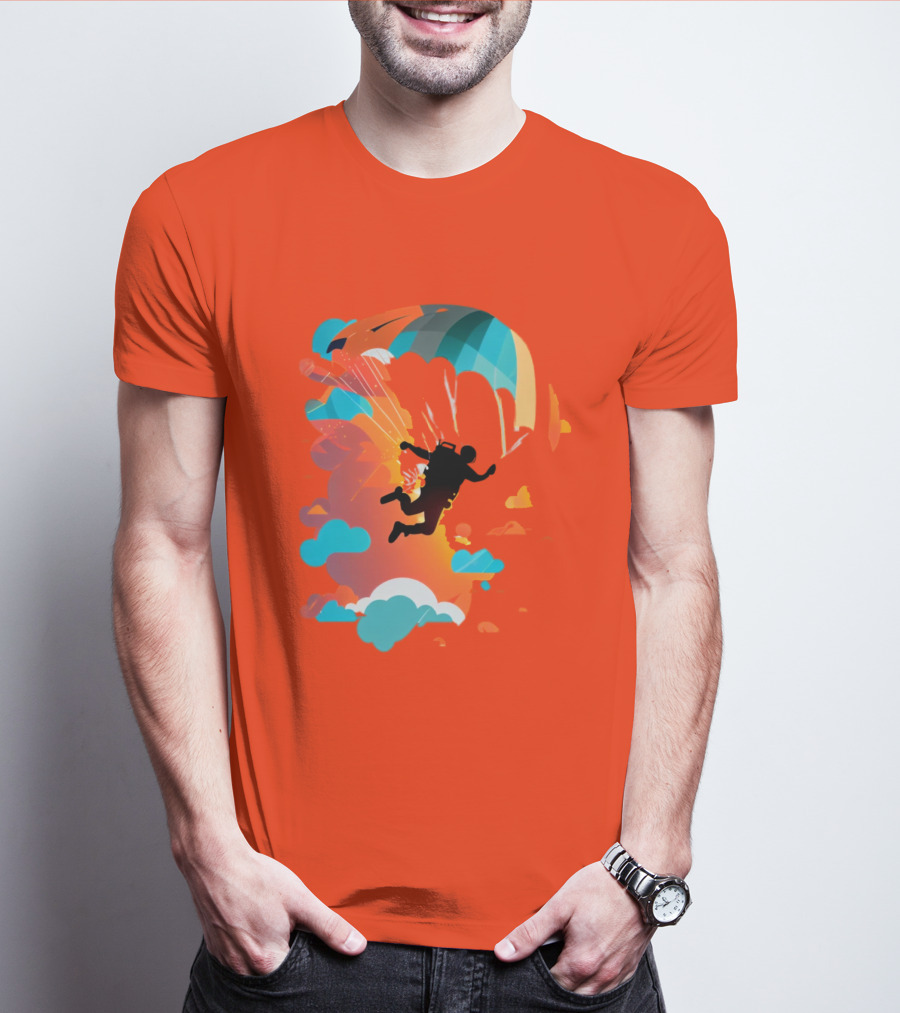 Skydiver Silhouette With Colorful Parachute And Clouds T-Shirt