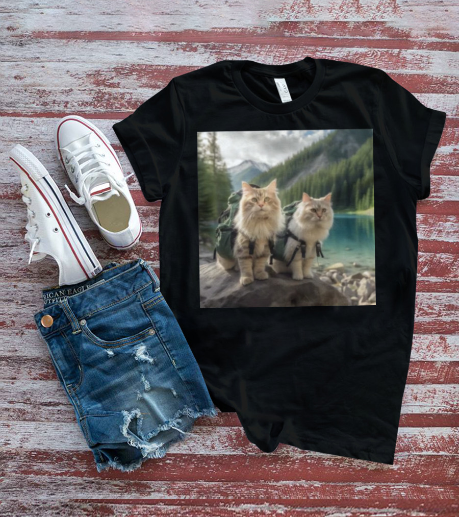 Two American Longhair Cats Are Mountaineering With Backpacks In Scenic Mountain Forest Near Lake T-Shirt