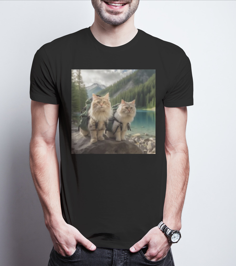Two American Longhair Cats Are Mountaineering With Backpacks In Scenic Mountain Forest Near Lake T-Shirt