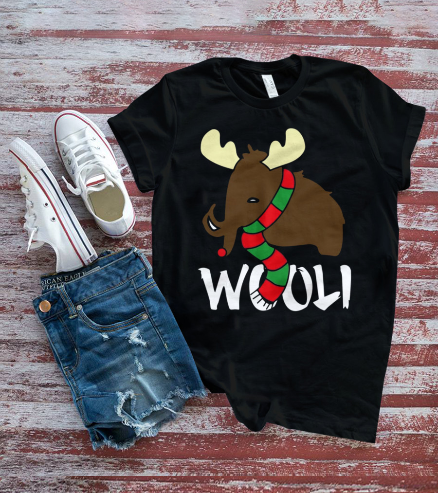 Wooli Mammoth Wearing Red And Green Scarf With Antlers T-Shirt