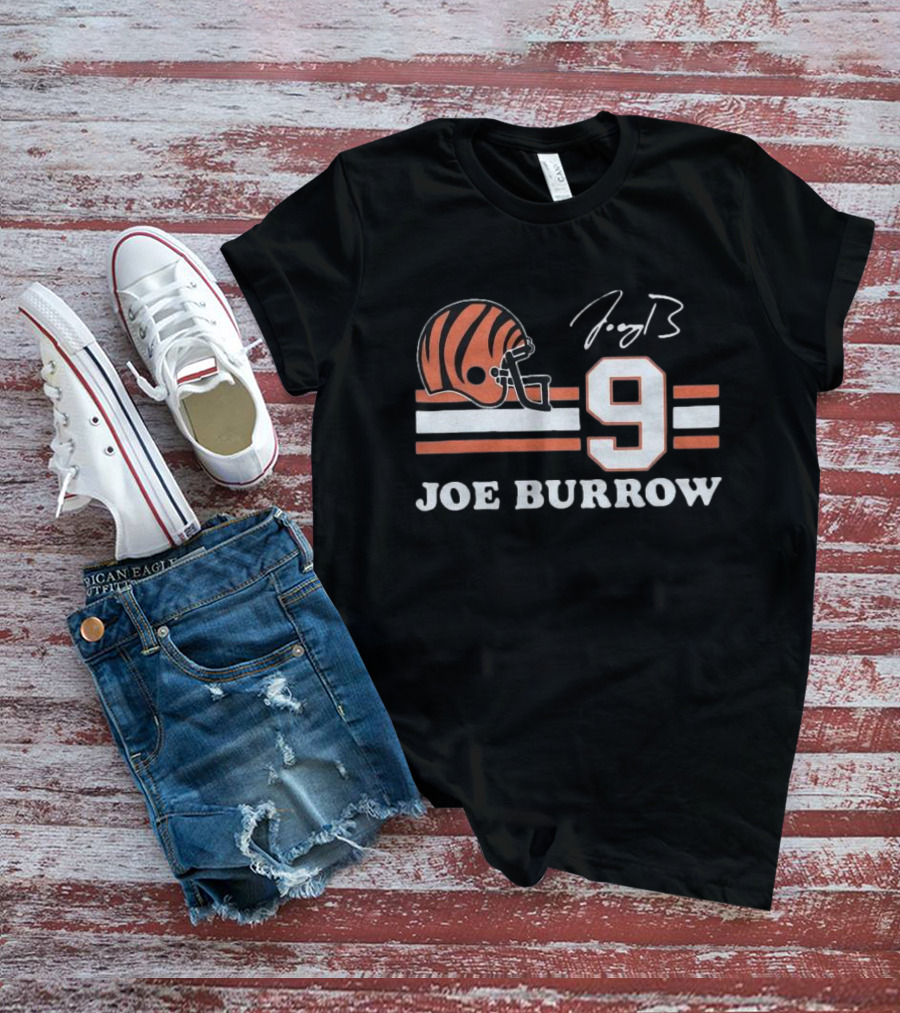 Cincinnati Bengals Joe Burrow Number 9 Helmet Signature T-Shirt