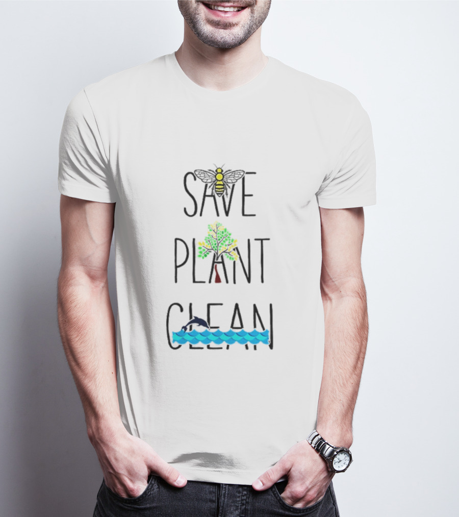 Save The Bees Plant The Trees Clean The Sea Bee Tree Dolphin Waves T-Shirt