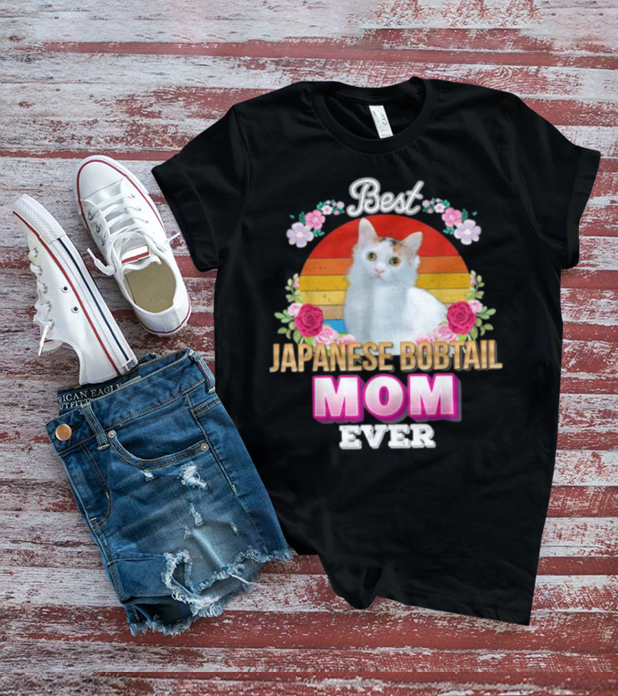 Best Japanese Bobtail Mom Ever Rainbow Floral Cat T-Shirt
