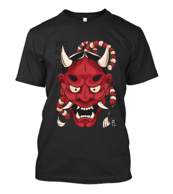 Awesome Hannya Demon Mask Red Oni Face With Horns And Beads T-Shirt