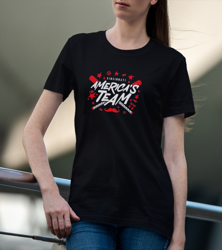 Cincinnati America's Team Baseball Stars Mustache Crossed Bats T-Shirt