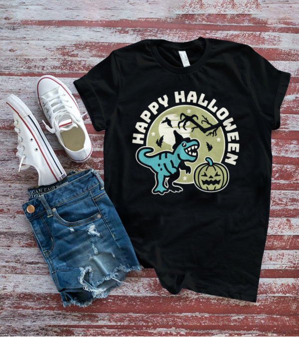 Happy Halloween Dinosaur With Pumpkin And Bats T-Shirt