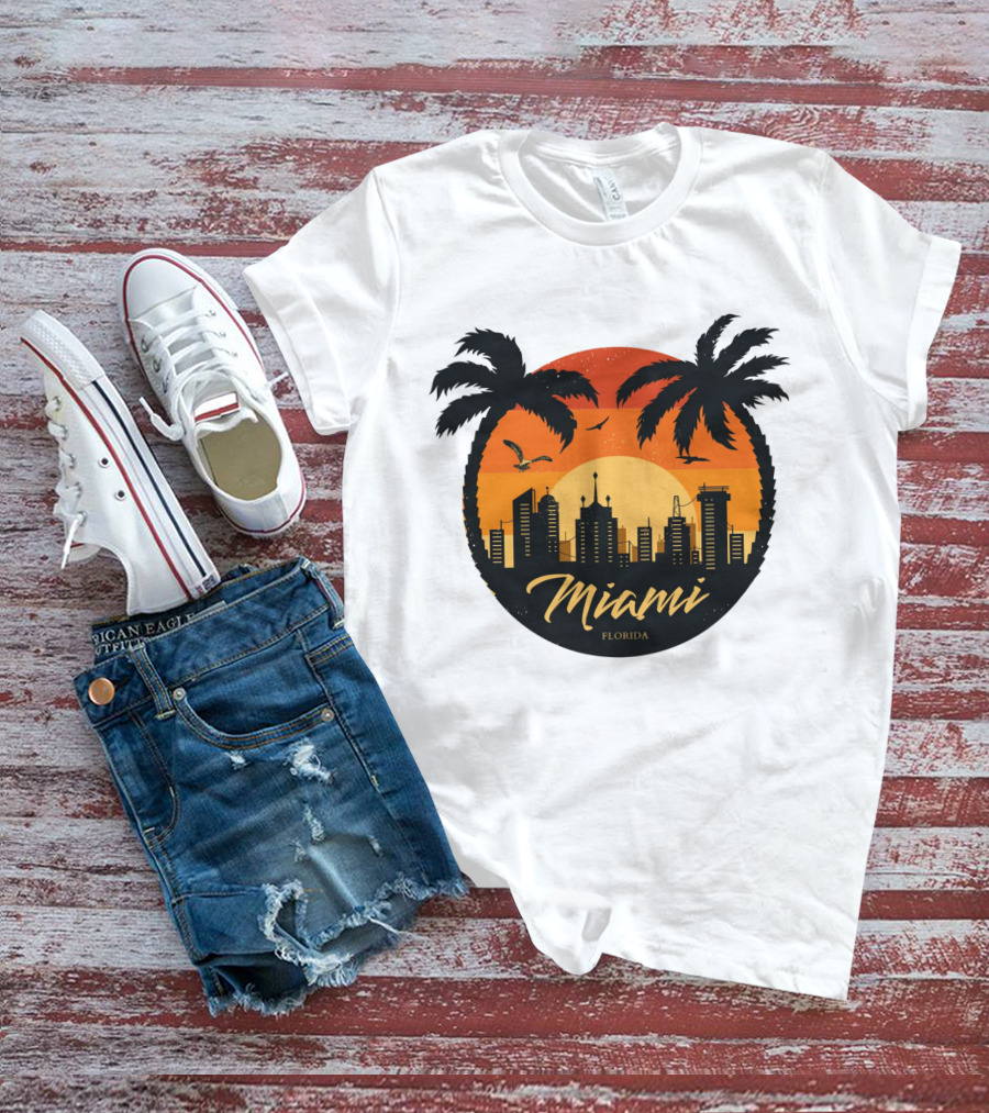 Miami Florida Sunset Skyline Palm Trees T-Shirt