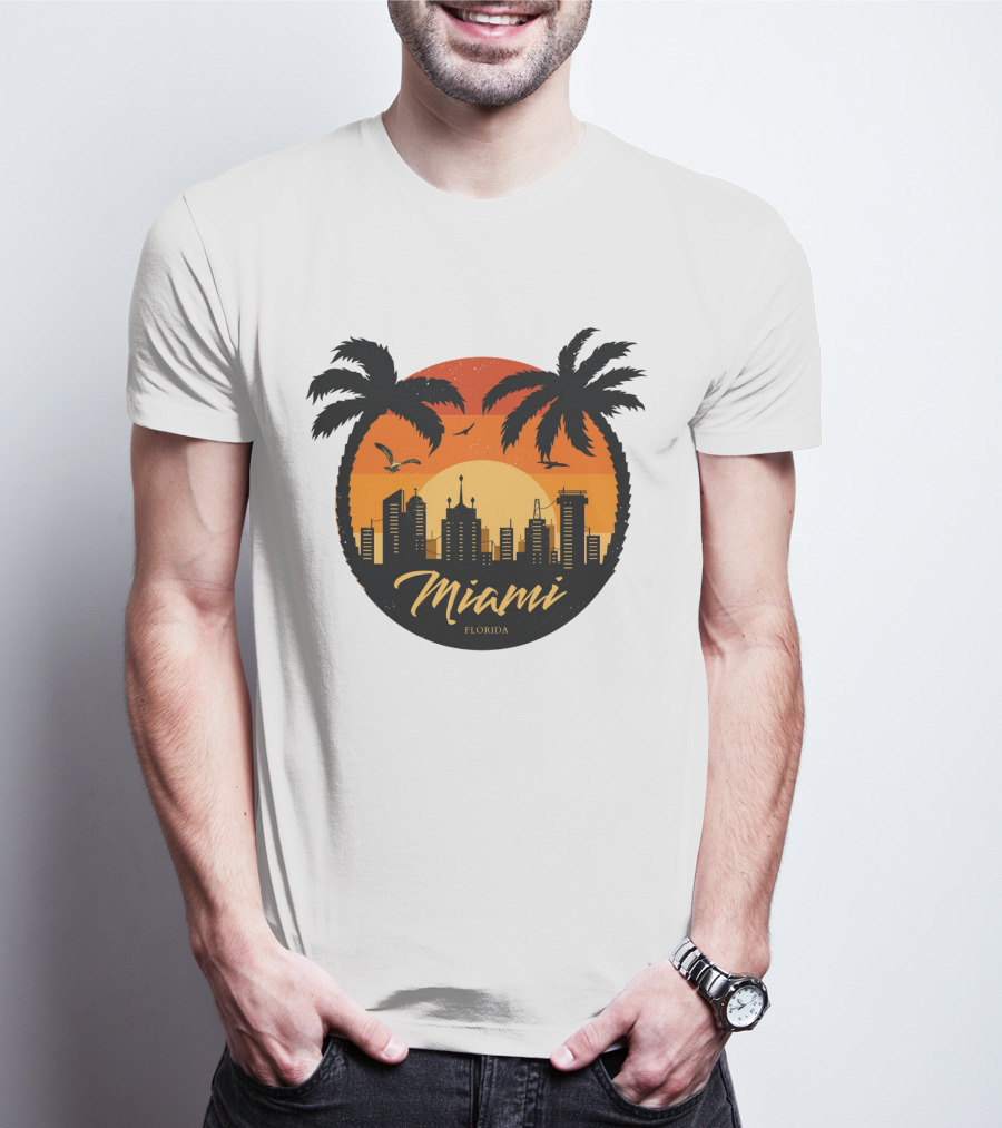 Miami Florida Sunset Skyline Palm Trees T-Shirt