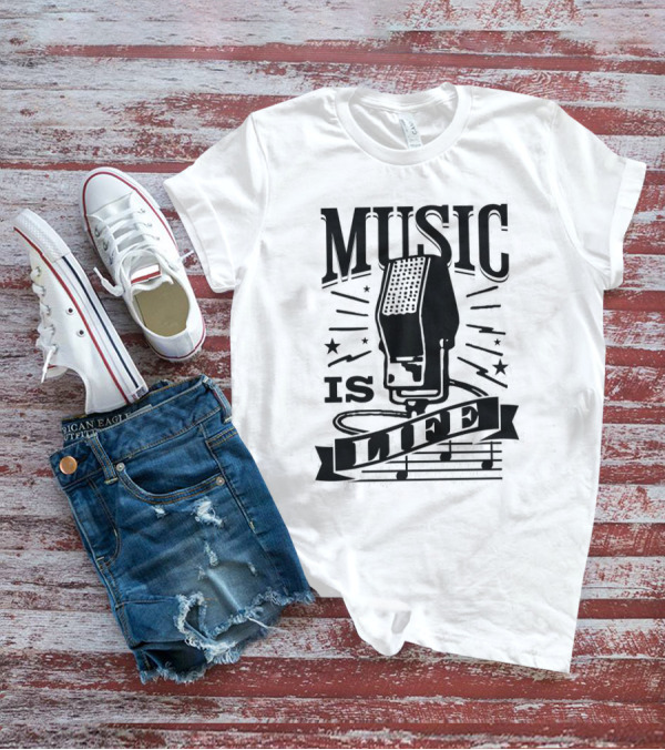 Music Is Life Retro Microphone Notes Stars T-Shirt