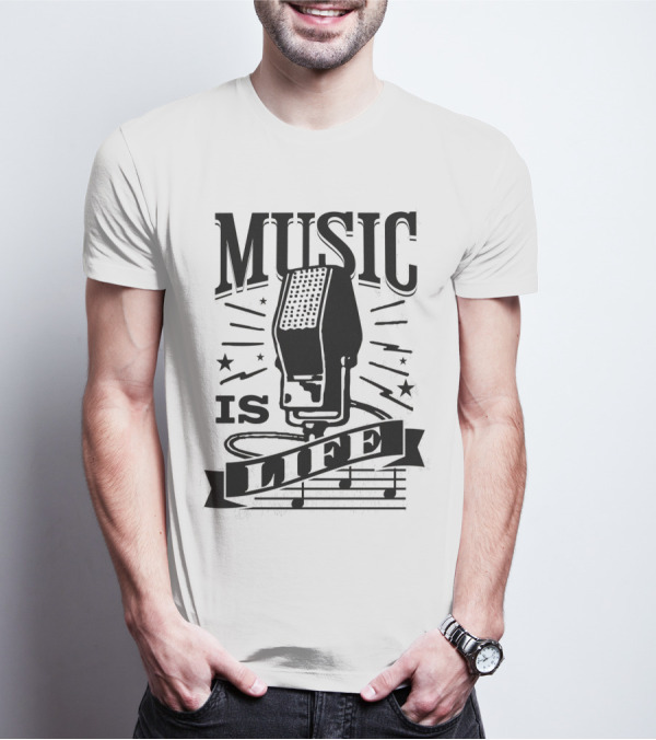 Music Is Life Retro Microphone Notes Stars T-Shirt