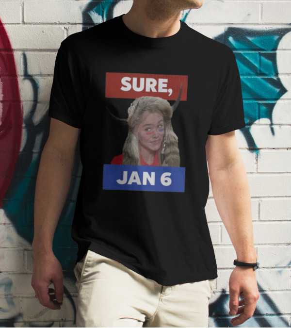 Jim Stewartson Anti-Disinfo Activist Sure Jan 6 Horned Headdress Red Blue Face Paint T-Shirt