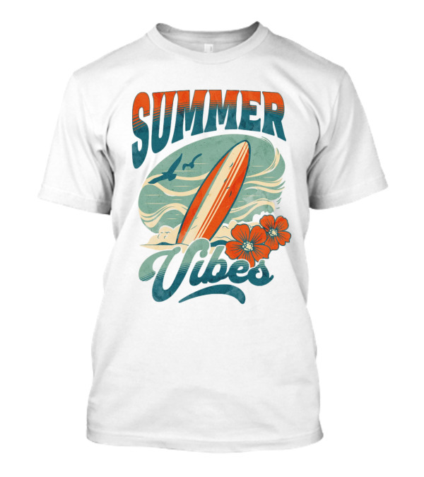 SUMMER VIBES Surfboard Ocean Waves Flowers Seagulls T-Shirt