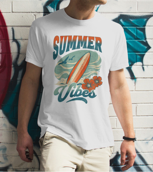 SUMMER VIBES Surfboard Ocean Waves Flowers Seagulls T-Shirt
