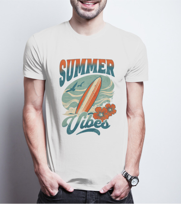 SUMMER VIBES Surfboard Ocean Waves Flowers Seagulls T-Shirt