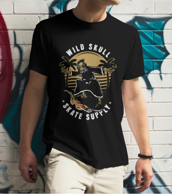 Wild Skull Skate Supply Grim Reaper Skateboarding Palm Trees Retro T-Shirt