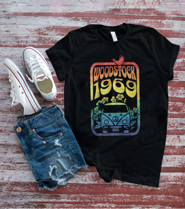 Woodstock 1969 Colorful Campervan Peace Flowers Bird T-Shirt