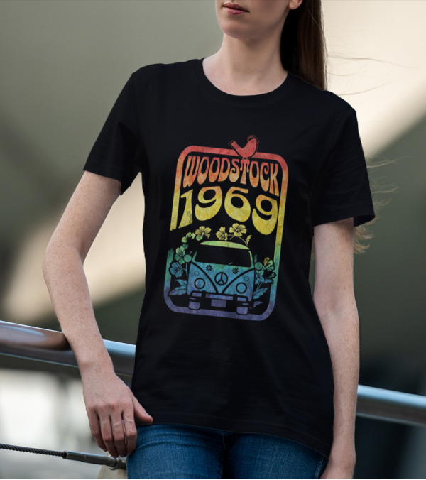 Woodstock 1969 Colorful Campervan Peace Flowers Bird T-Shirt