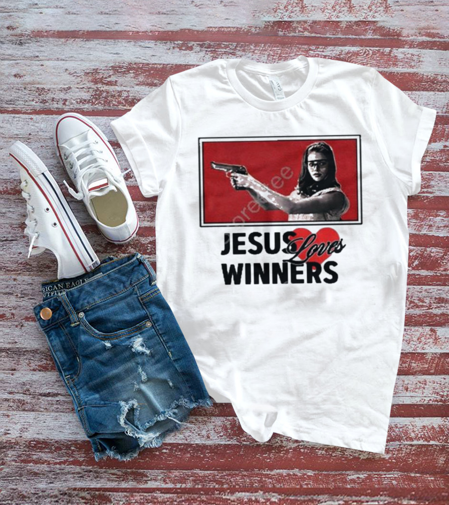 Super Yaki Jesus Loves Winners Red Gun Woman T-Shirt