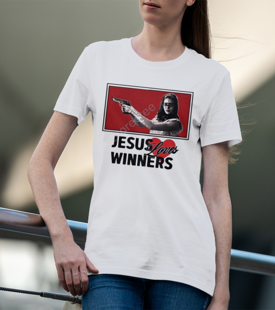 Super Yaki Jesus Loves Winners Red Gun Woman T-Shirt