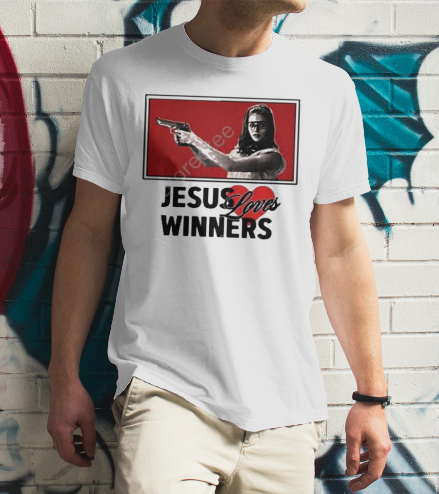 Super Yaki Jesus Loves Winners Red Gun Woman T-Shirt