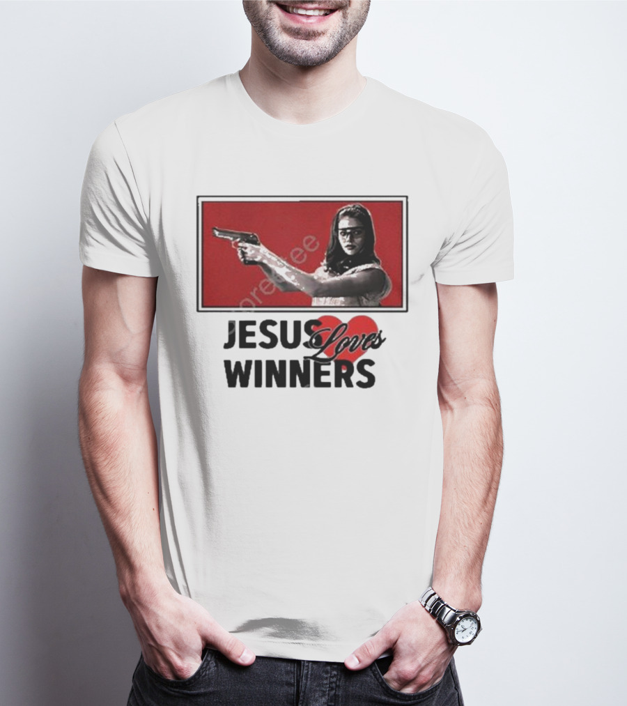 Super Yaki Jesus Loves Winners Red Gun Woman T-Shirt