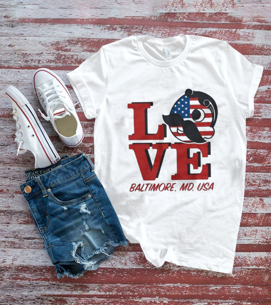 Love Baltimore MD USA National Bohemian American Flag Mustache T-Shirt