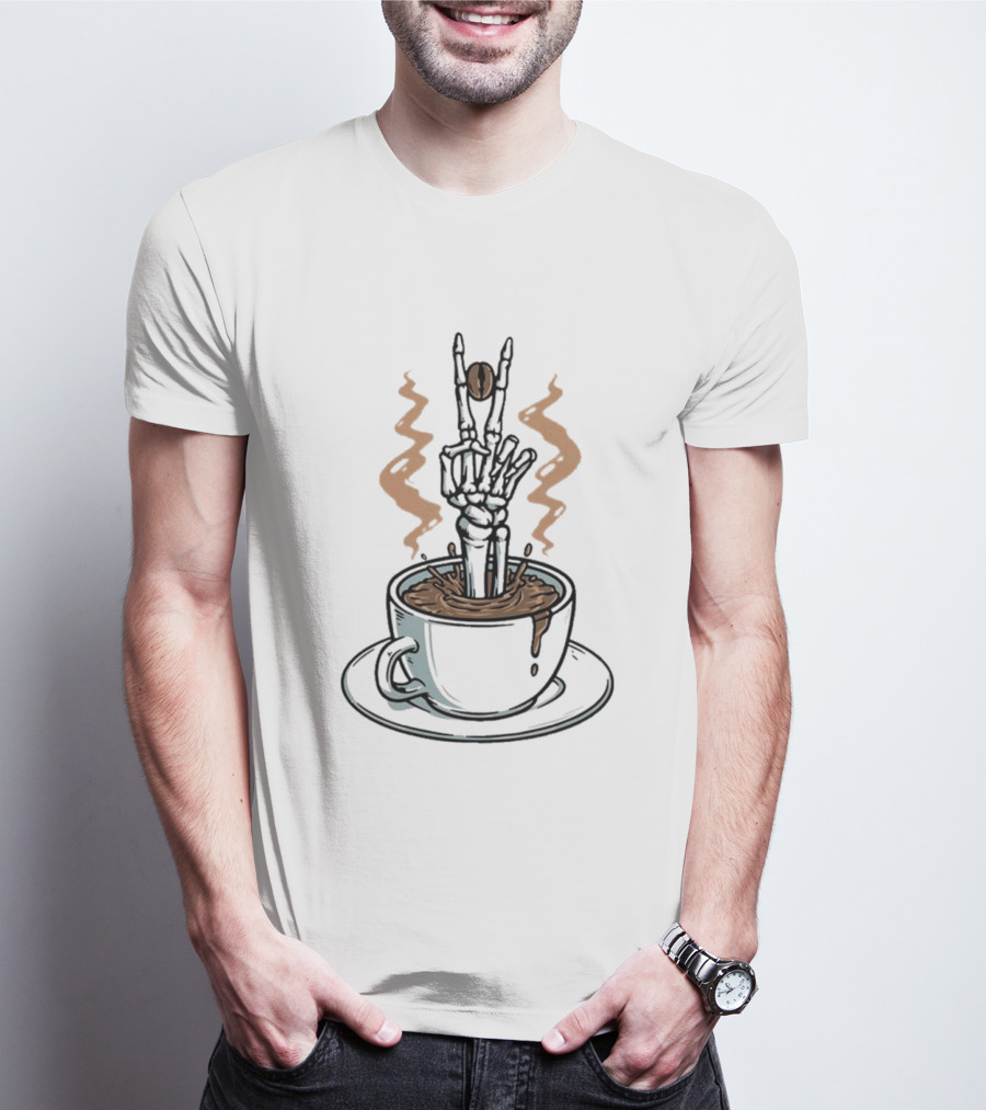 Skeleton In Cappuccino Dead Inside But Still Caffeinated Rock Hand Gesture T-Shirt