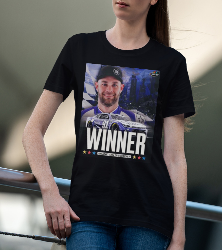 NASCAR Winner Shane Van Gisbergen With Race Car And Cityscape Background T-Shirt