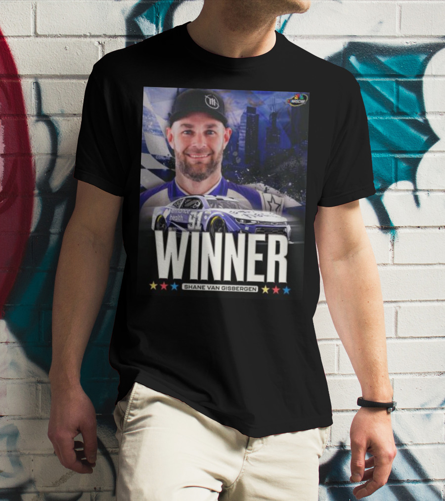 NASCAR Winner Shane Van Gisbergen With Race Car And Cityscape Background T-Shirt