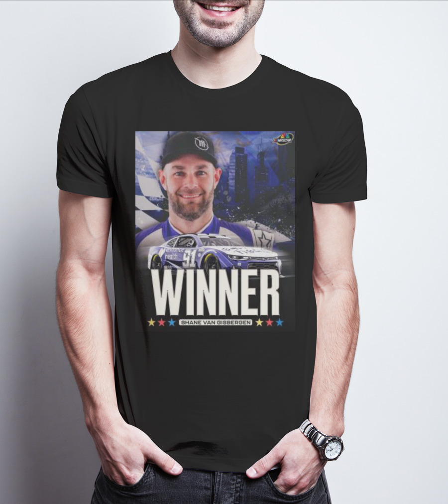 NASCAR Winner Shane Van Gisbergen With Race Car And Cityscape Background T-Shirt