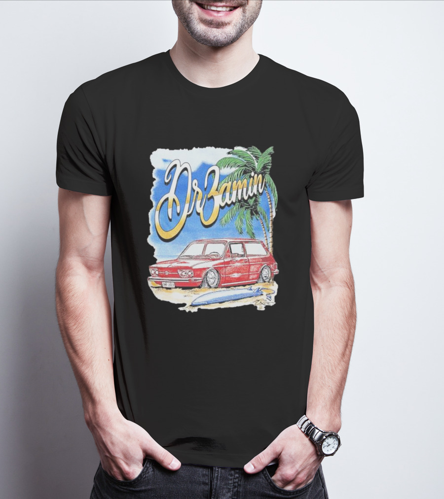 DrZamin Red Car Tropical Beach Scene With Palm Trees Surfboard T-Shirt
