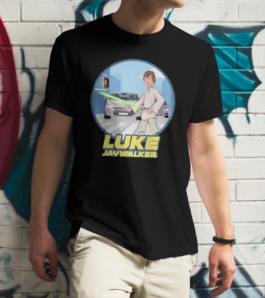 LUKE JAYWALKER CROSSING WITH LIGHTSABER AND TRAFFIC CARS T-Shirt