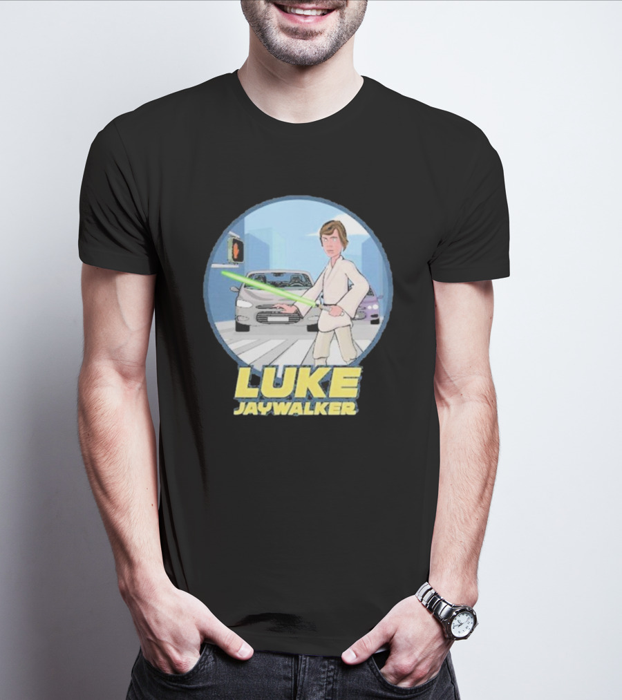 LUKE JAYWALKER CROSSING WITH LIGHTSABER AND TRAFFIC CARS T-Shirt