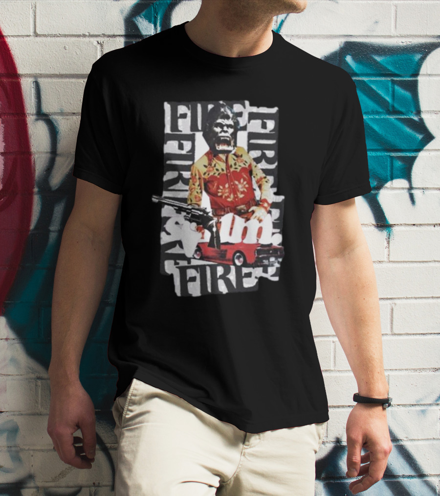 Scum Fire With Gorilla Holding Gun And Fire Text Over Red Car T-Shirt