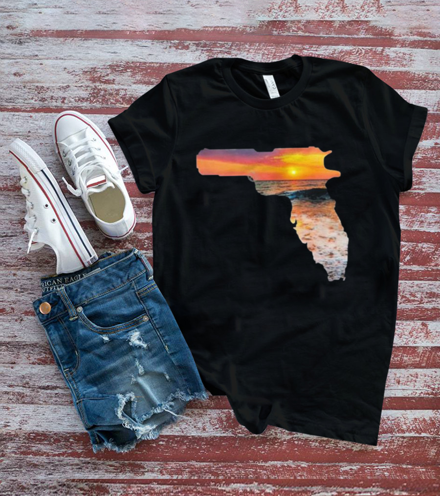 Florida The Gunshine State Gun Map Sunset Beach Scene T-Shirt