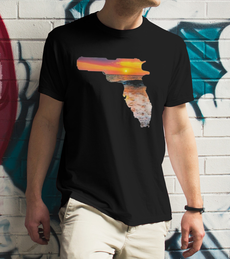 Florida The Gunshine State Gun Map Sunset Beach Scene T-Shirt