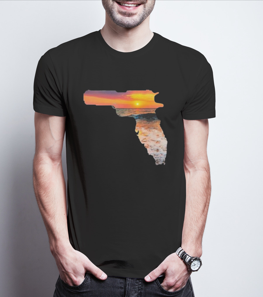 Florida The Gunshine State Gun Map Sunset Beach Scene T-Shirt