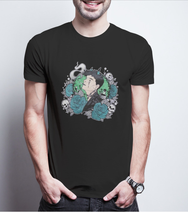 Costee Vampyyri Gothic Blue Roses And Skulls With Vampire And Smoke T-Shirt