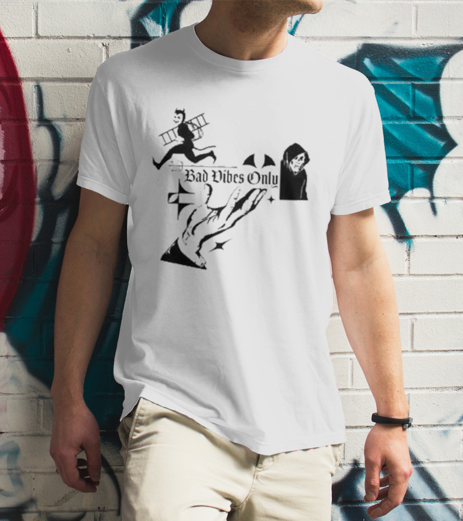 Bad Vibes Only Devil Ladder Grim Reaper Hand Gesture T-Shirt