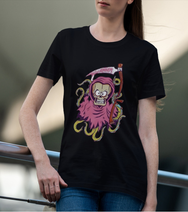 Pink Skull Hooded Grim Reaper With Scythe And Tentacles Hoppus Text T-Shirt