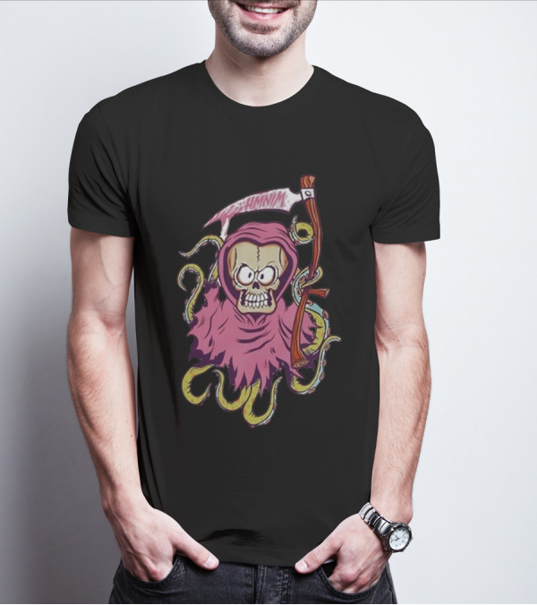 Pink Skull Hooded Grim Reaper With Scythe And Tentacles Hoppus Text T-Shirt