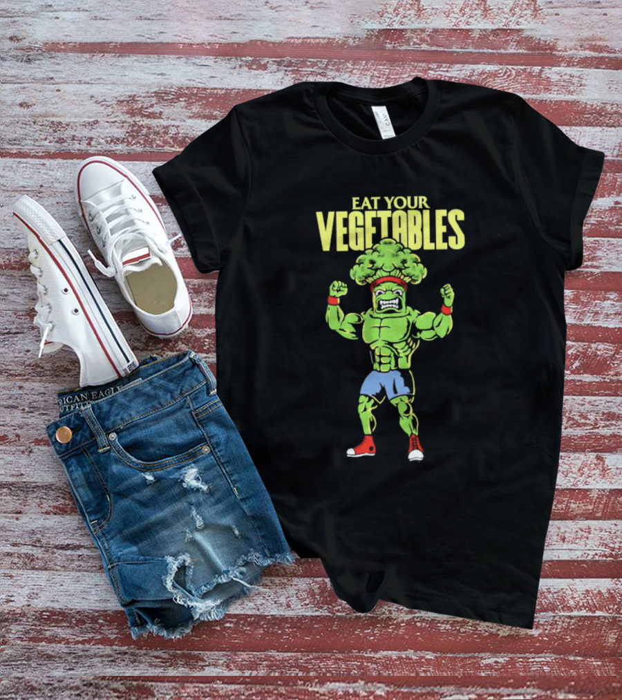 EAT YOUR VEGETABLES Broccoli Bodybuilder In Red Sneakers T-Shirt