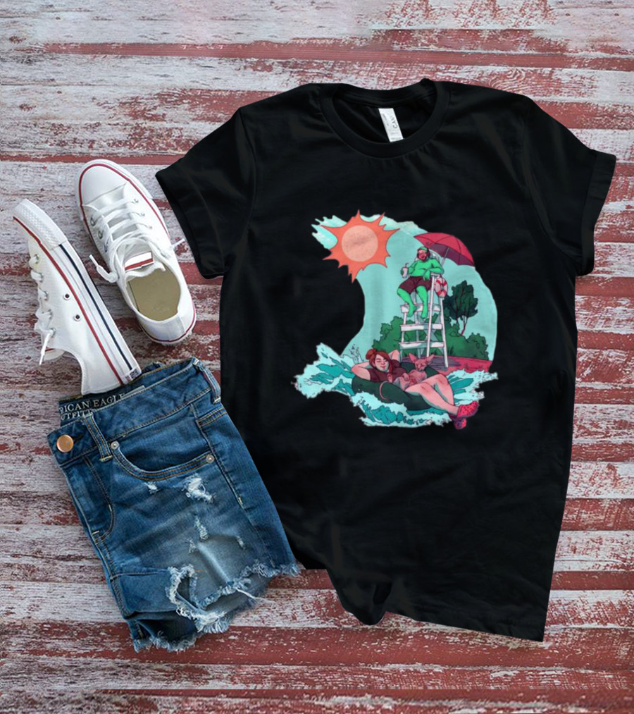 Wubby Relaxing Poolside With Lifeguard On Duty Under Vibrant Sun Umbrella T-Shirt