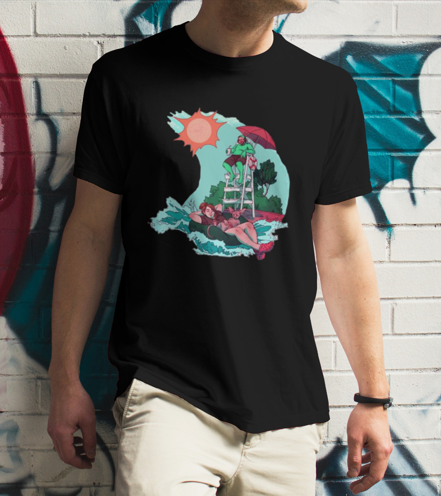Wubby Relaxing Poolside With Lifeguard On Duty Under Vibrant Sun Umbrella T-Shirt