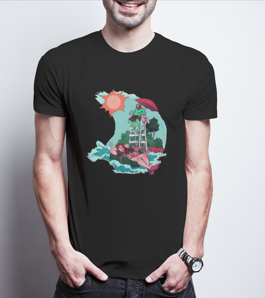 Wubby Relaxing Poolside With Lifeguard On Duty Under Vibrant Sun Umbrella T-Shirt