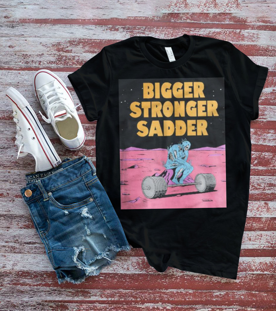 Bigger Stronger Sadder Raskol Skeleton Lifting Weights On Alien Landscape T-Shirt